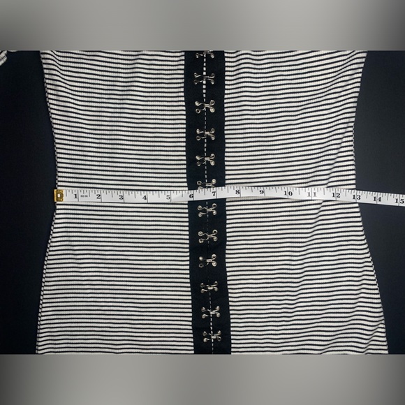 Punk Pinstripe Hook and Eye Off Shoulder Bodycon Mini Dress GBG - Picture 7 of 10